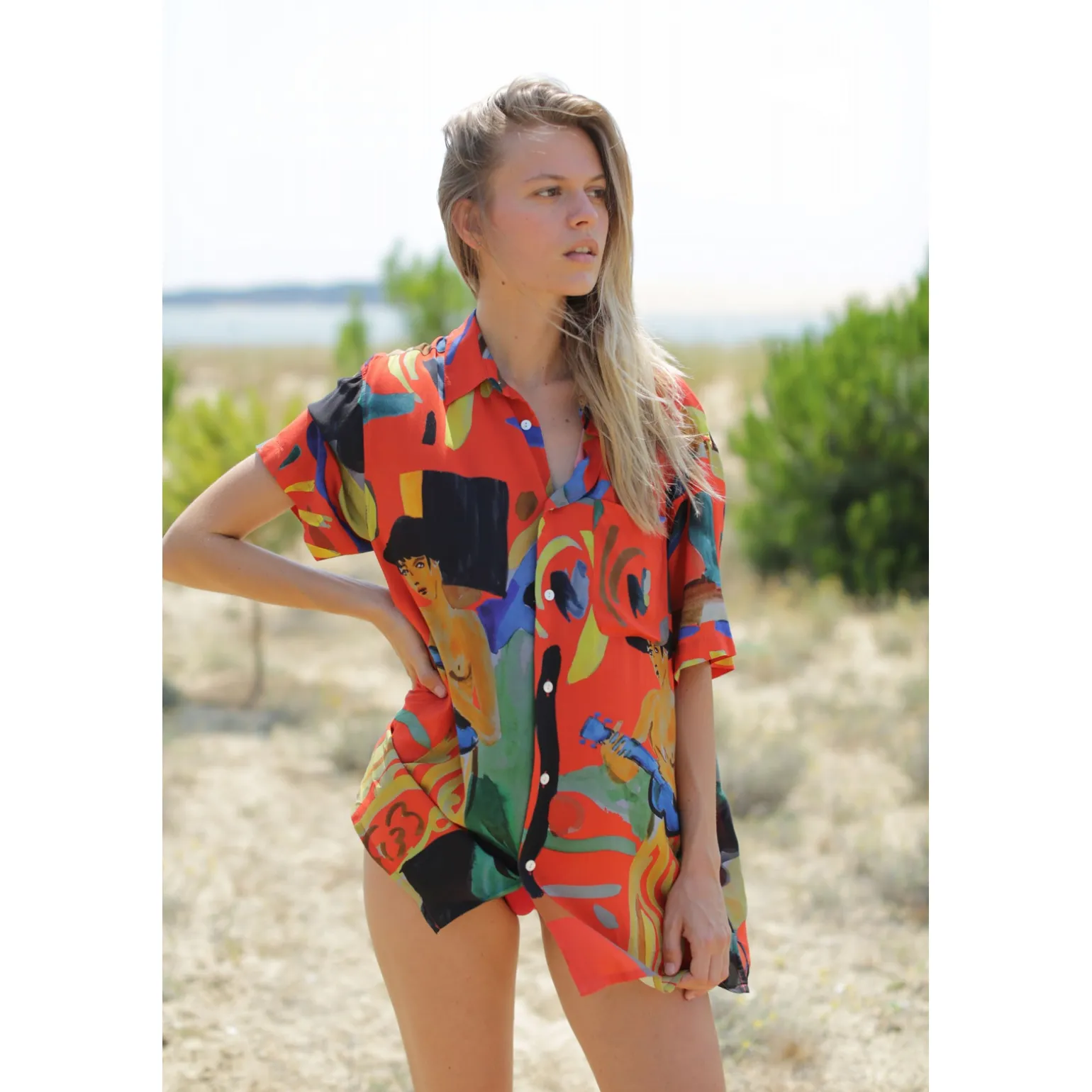 Chemise hawaïenne Guitar Girl Rouge